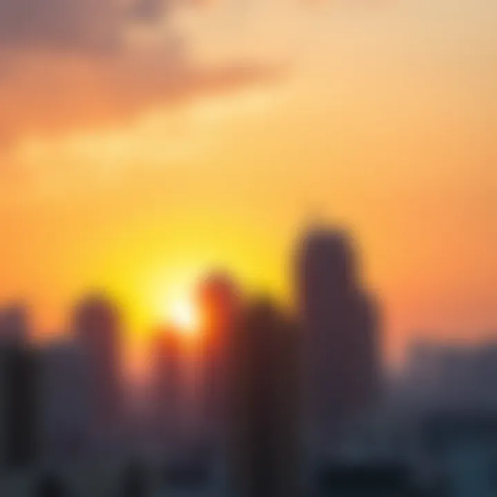 High-rise buildings in ال جي بي ار with sunset backdrop