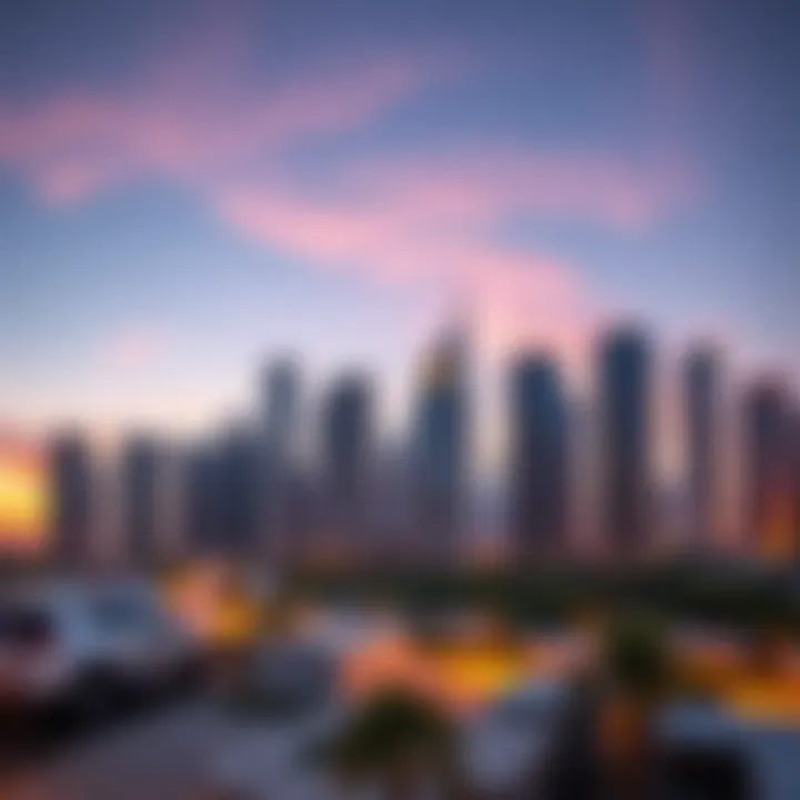 Glistening skyline of Dubai with high-end apartments reflecting the sunset