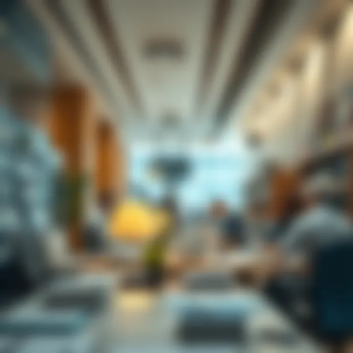 A bustling real estate office with agents at work