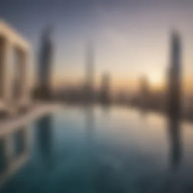 Gleaming infinity pool at Damac Maison Privé with a panoramic view of Dubai's skyline