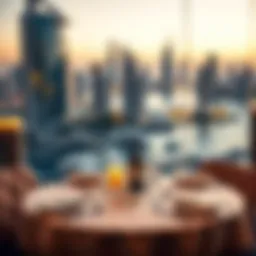 Elegant dining setup with a view of Dubai Marina