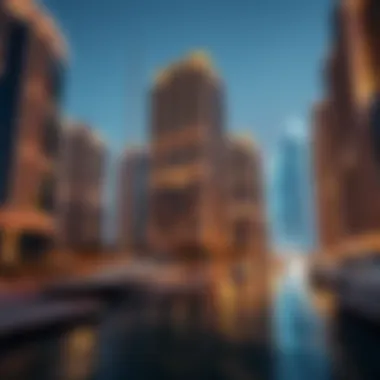Luxurious residential buildings with modern architecture at Dubai Marina.