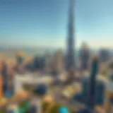 An aerial view of iconic Dubai towers against the skyline