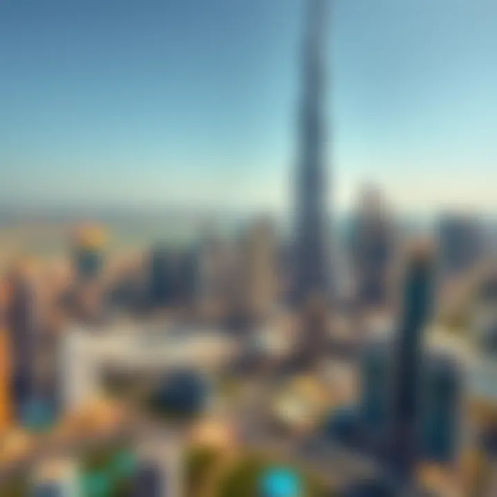 An aerial view of iconic Dubai towers against the skyline
