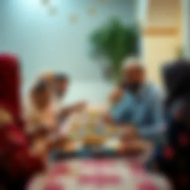 A joyful family gathering, sharing traditional dishes during Eid festivities