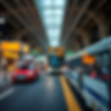 A bustling transportation hub in Dubai highlighting various transport means