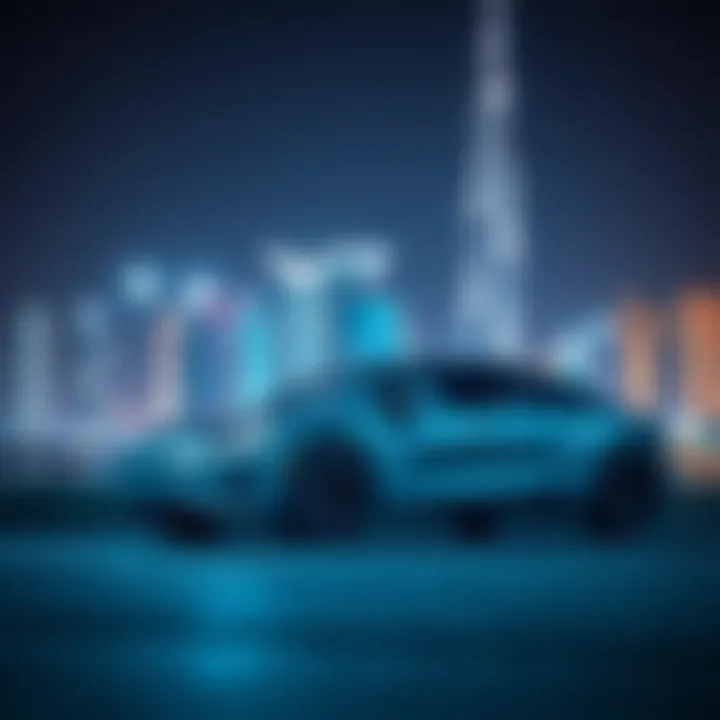 A sleek, modern electric vehicle parked against the Dubai skyline