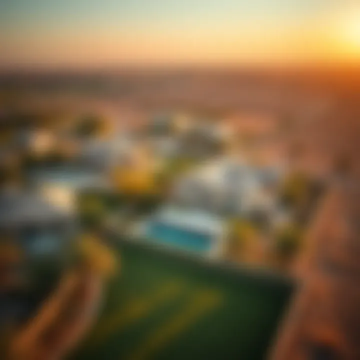 Aerial Perspective of Farmhouses in Dubai Aerial view of various farmhouses in Dubai's rural landscape.