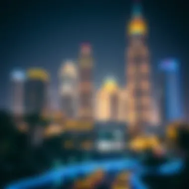 Night view of Brookfield Place illuminated against the Dubai skyline
