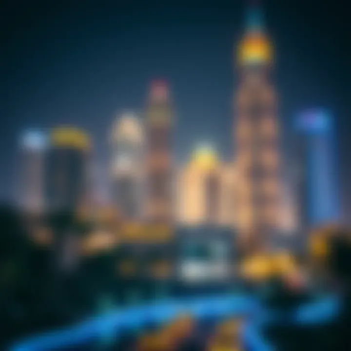 Night view of Brookfield Place illuminated against the Dubai skyline