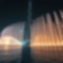 A stunning view of the Burj Khalifa Fountain in action at night