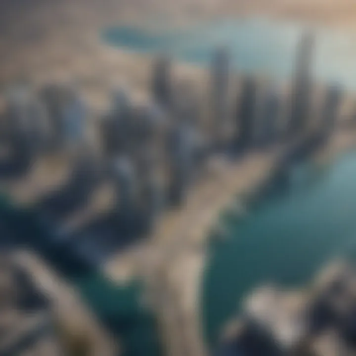 Aerial view of Business Bay showcasing modern skyscrapers and waterways