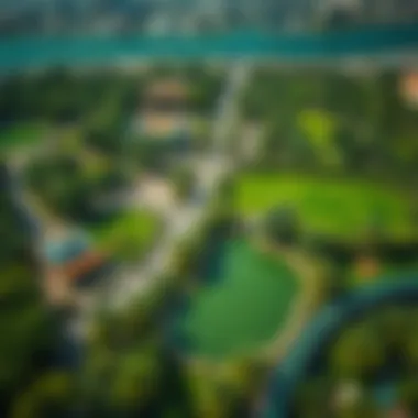 An aerial perspective of the Dubai Creek Park, highlighting lush greenery and recreational spaces.