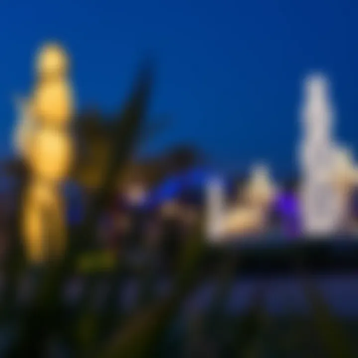 A tranquil scene of the Dubai Garden Glow, featuring art installations illuminated at night.