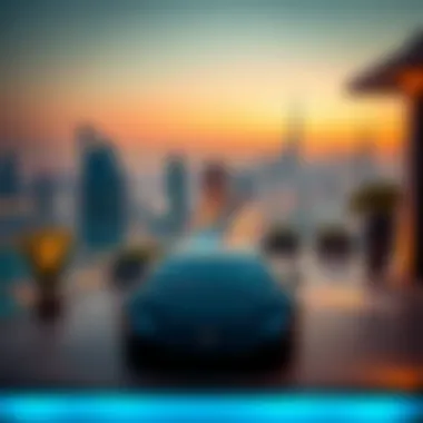 Dubai Skyline: A View from Luxury Living Panoramic view of Dubai skyline from a Lamborghini Villa terrace