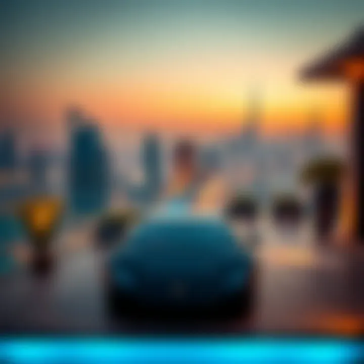 Dubai Skyline: A View from Luxury Living Panoramic view of Dubai skyline from a Lamborghini Villa terrace