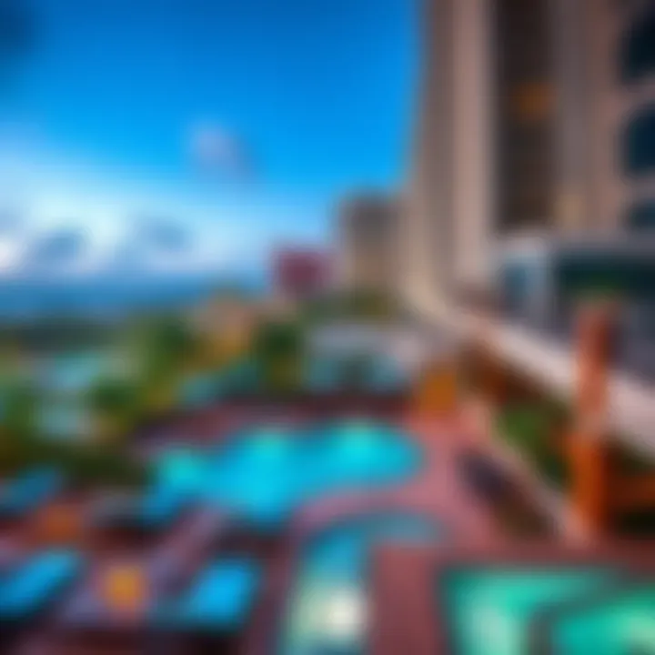 Amenities at Palm Towers Panoramic view of the amenities offered at Palm Towers, including pools and recreation areas