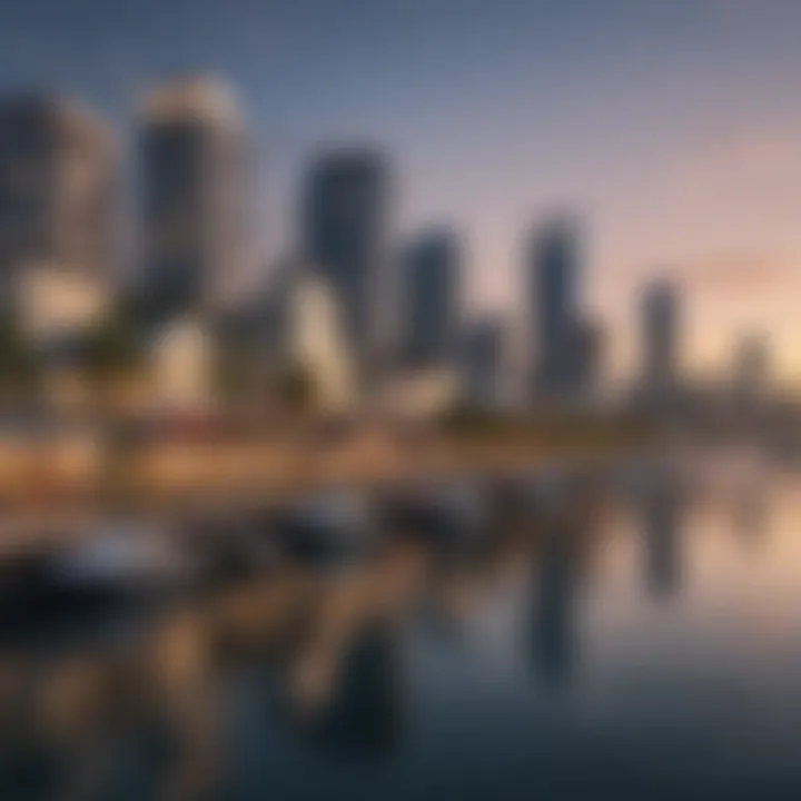 Scenic waterfront location of Park Island Marina with city skyline