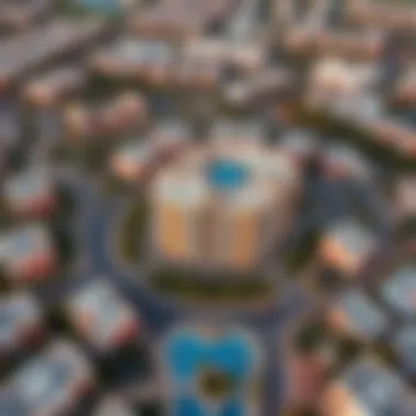 Aerial View of JVC with Pearl House Aerial view of Jumeirah Village Circle highlighting Pearl House