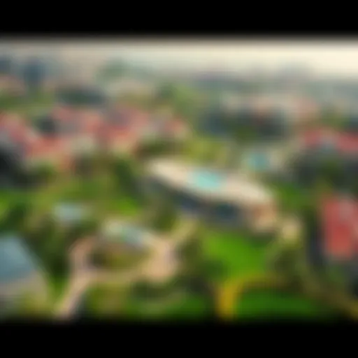 Aerial view of Discovery Gardens showcasing the lush greenery and buildings