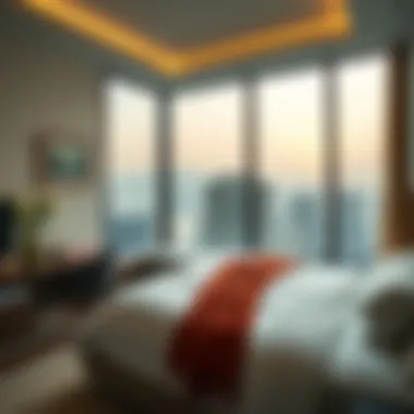 Serene Bedroom with City View A serene bedroom in a Karama unit with a beautiful view of the city.