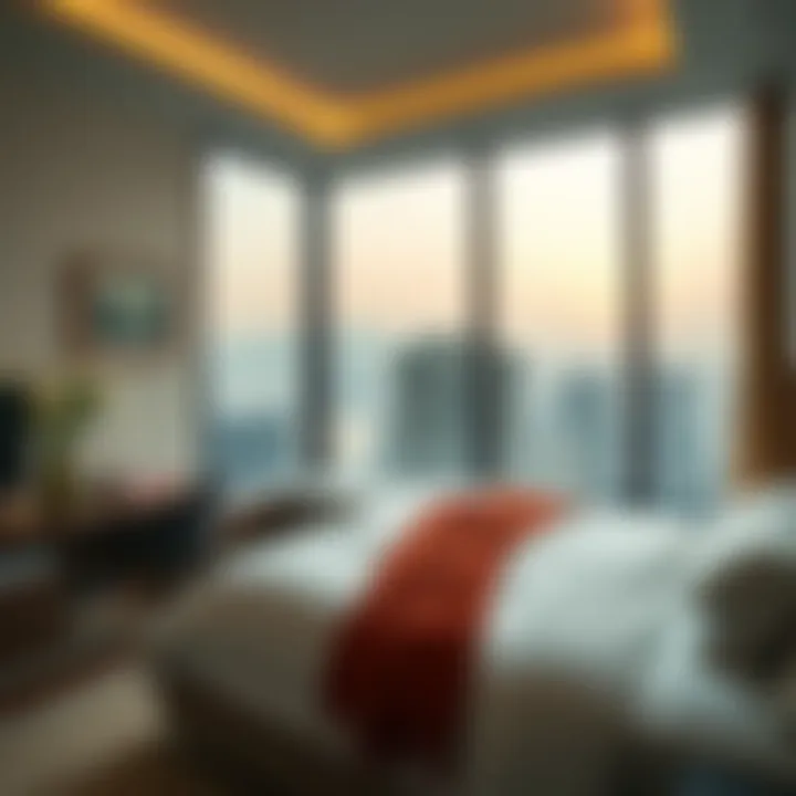 Serene Bedroom with City View A serene bedroom in a Karama unit with a beautiful view of the city.