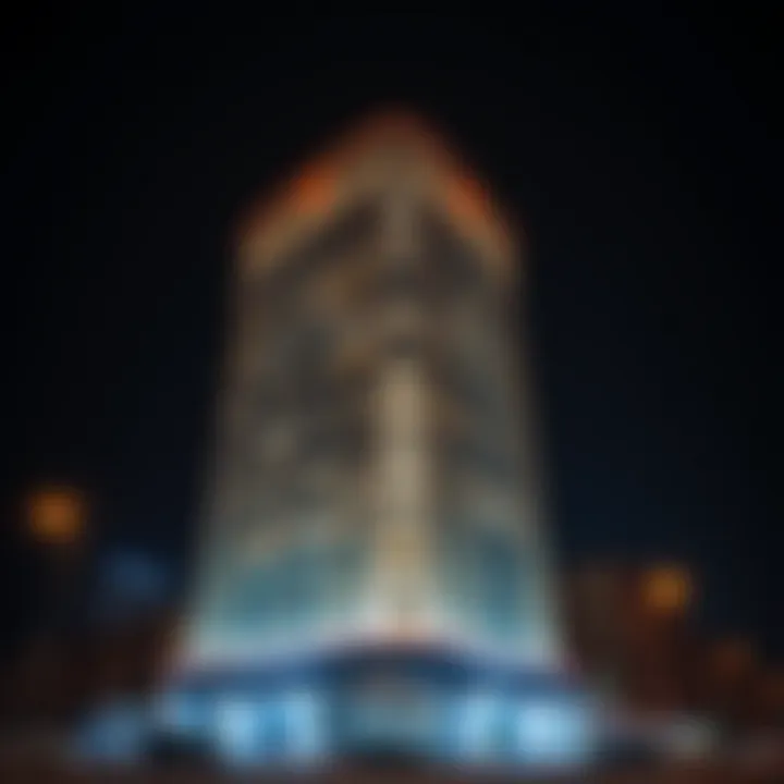 The Ahmed Al Murr Building illuminated at night, highlighting its unique design