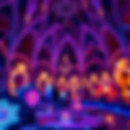 A mystical landscape of the Aya Universe featuring vibrant lights and immersive art installations