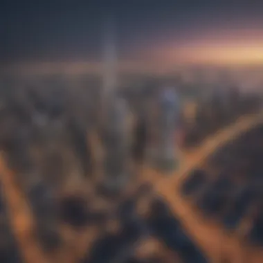 Dubai Skyline: The Dana Building's Prominent Placement Aerial view of Dubai highlighting the Dana Building's location