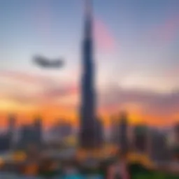 A panoramic view of the Burj Khalifa at sunset, showcasing its towering presence.