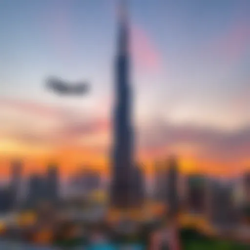 A panoramic view of the Burj Khalifa at sunset, showcasing its towering presence.