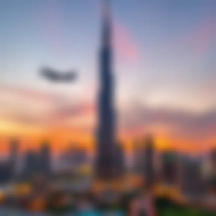A panoramic view of the Burj Khalifa at sunset, showcasing its towering presence.