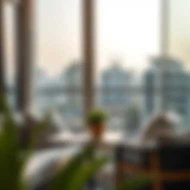 A cozy balcony view from a studio flat with cityscape in the background.
