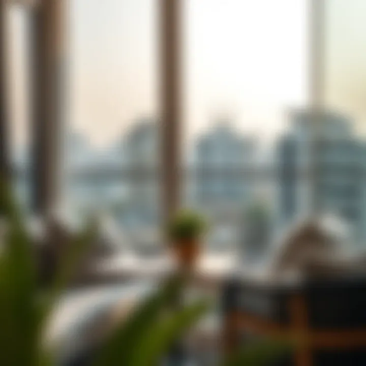 A cozy balcony view from a studio flat with cityscape in the background.