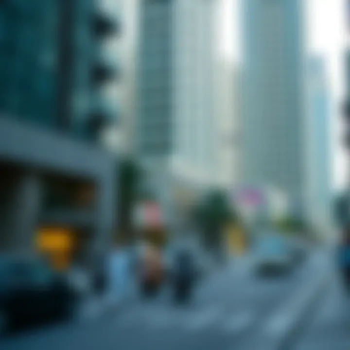 A bustling street scene at the base of X3 Tower, illustrating its vibrant location