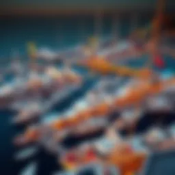 Aerial view of a bustling marina harbour in Dubai showcasing luxury yachts
