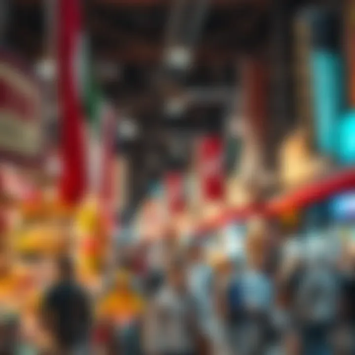 An overview of a bustling marketplace filled with diverse goods and energetic shoppers.