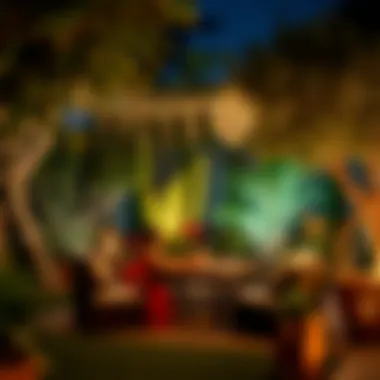 A picturesque garden with twinkling lights and cozy seating for couples