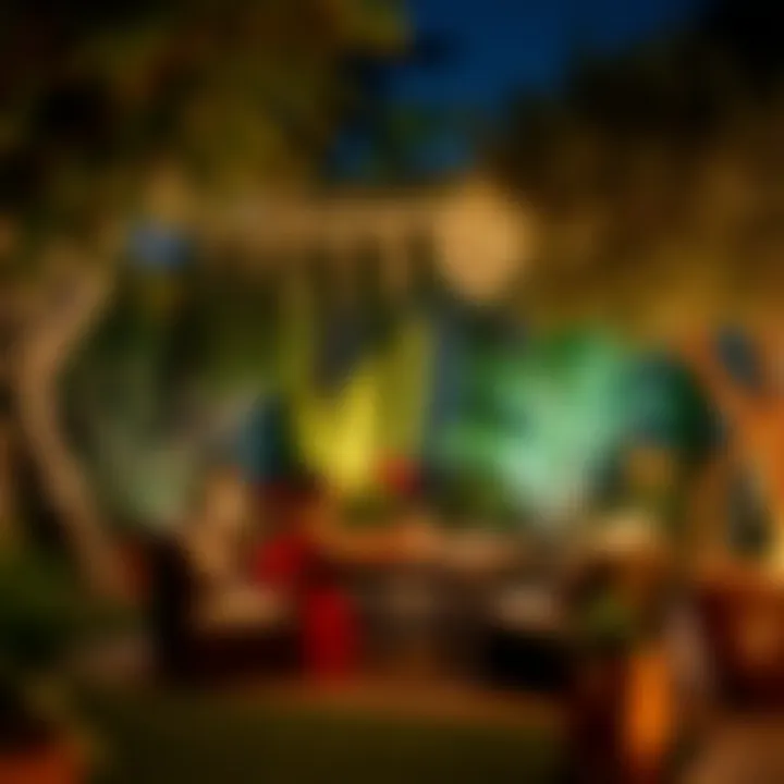 A picturesque garden with twinkling lights and cozy seating for couples