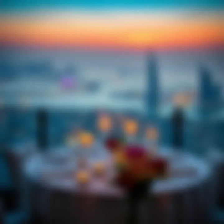 A romantic dinner setup with candles and flowers overlooking the Dubai skyline