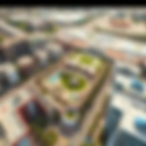 Aerial view of Town Square Dubai showcasing its layout and green spaces