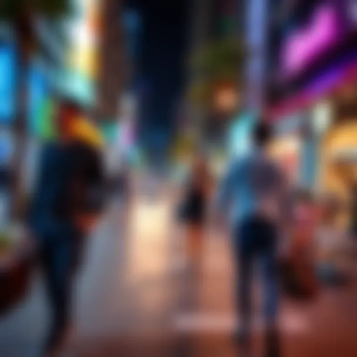 A vibrant street scene illustrating professionals engaged in a walking interview.