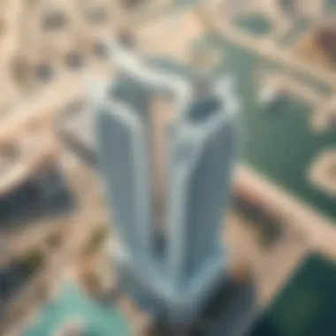 Aerial view of the White Swan Building and its surrounding environment in Dubai.