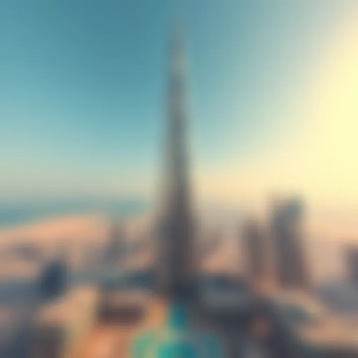 An aerial view of the Burj Khalifa surrounded by modern architecture