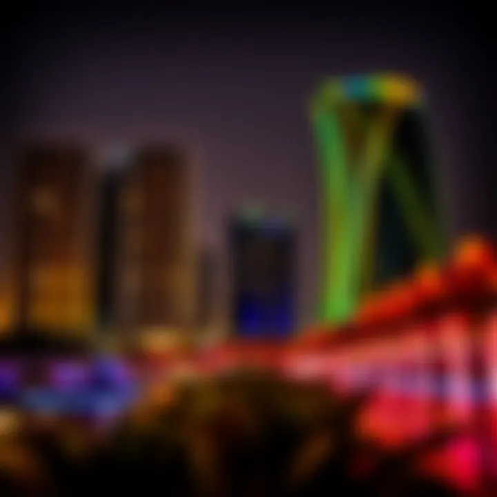 Night view of Makani Abu Dhabi illuminated with vibrant lights.