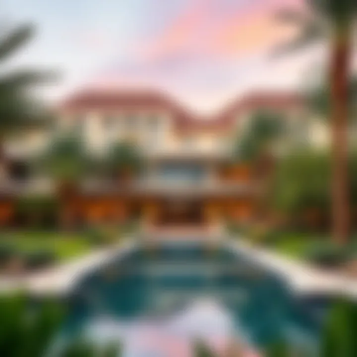 A stunning view of the Melia Desert Palm Resort with lush green landscapes and desert backdrop