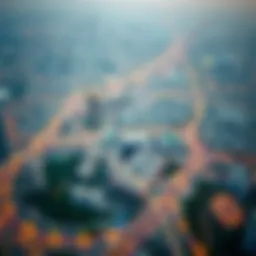 Aerial view of Dubai showcasing metro lines and nearby neighborhoods