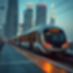 Modern Dubai Metro train gliding through the city skyline