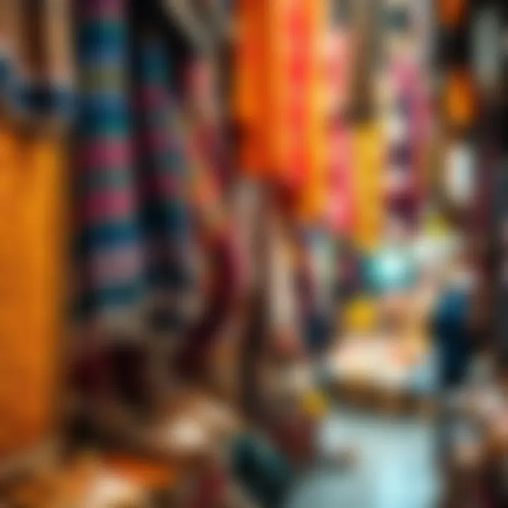 A bustling traditional souk in Deira showcasing vibrant textiles and spices