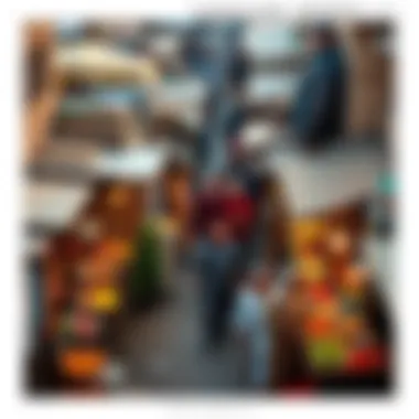 An aerial view of a bustling old market, illustrating the vibrant community life and economic activity.